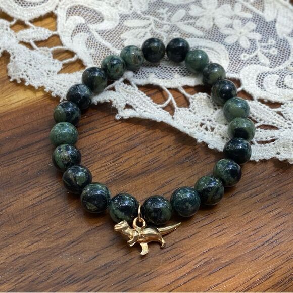 Hand Crafted Jewelry - Dino T. rex charm with Kambaba Jasper handmade crystal bracelet 7”